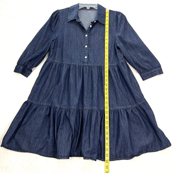 TOMMY HILFIGER Chambray Shirt Dress Tiered Dark Denim Navy Blue Popover Size 8 - Picture 10 of 14